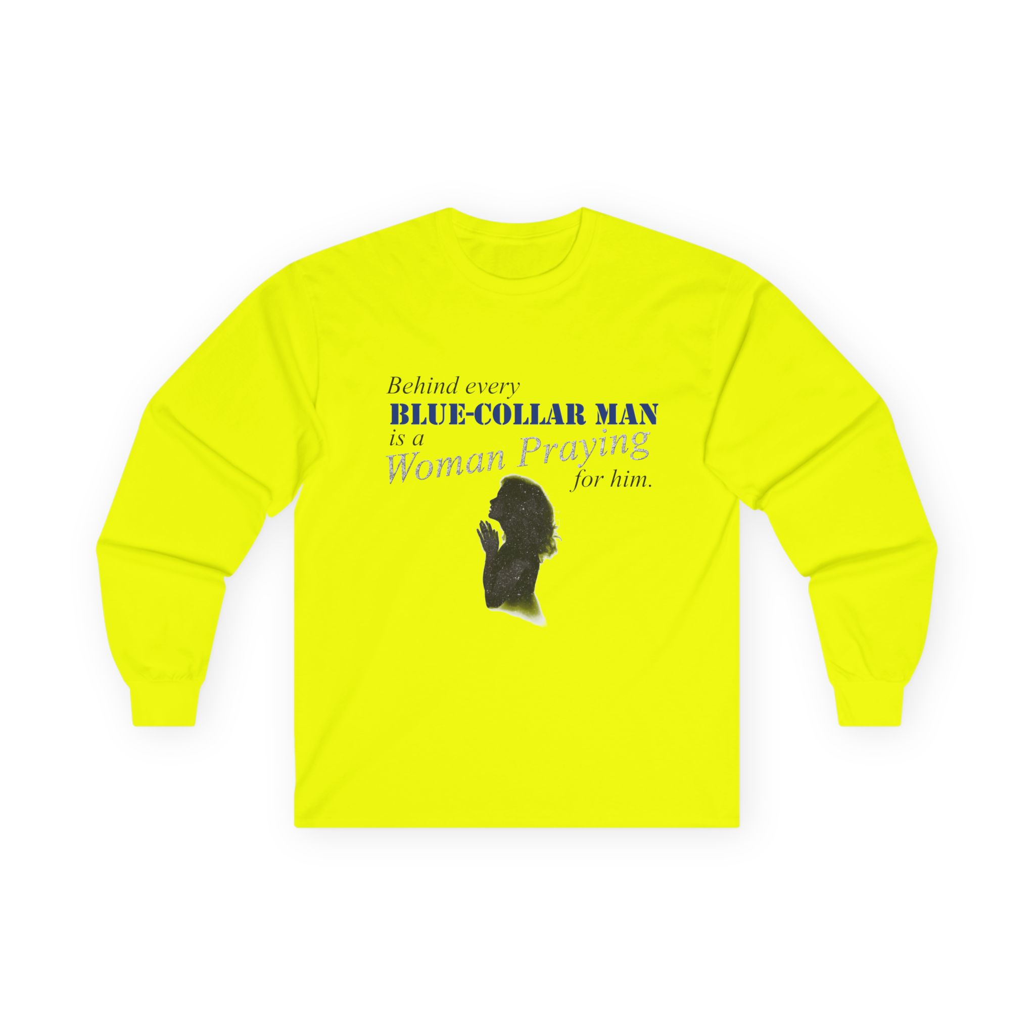 Long Sleeve Tee — "Behind Every Blue-Collar Man Is A Woman Praying" (Thin Blue Line Flag) - Image 6