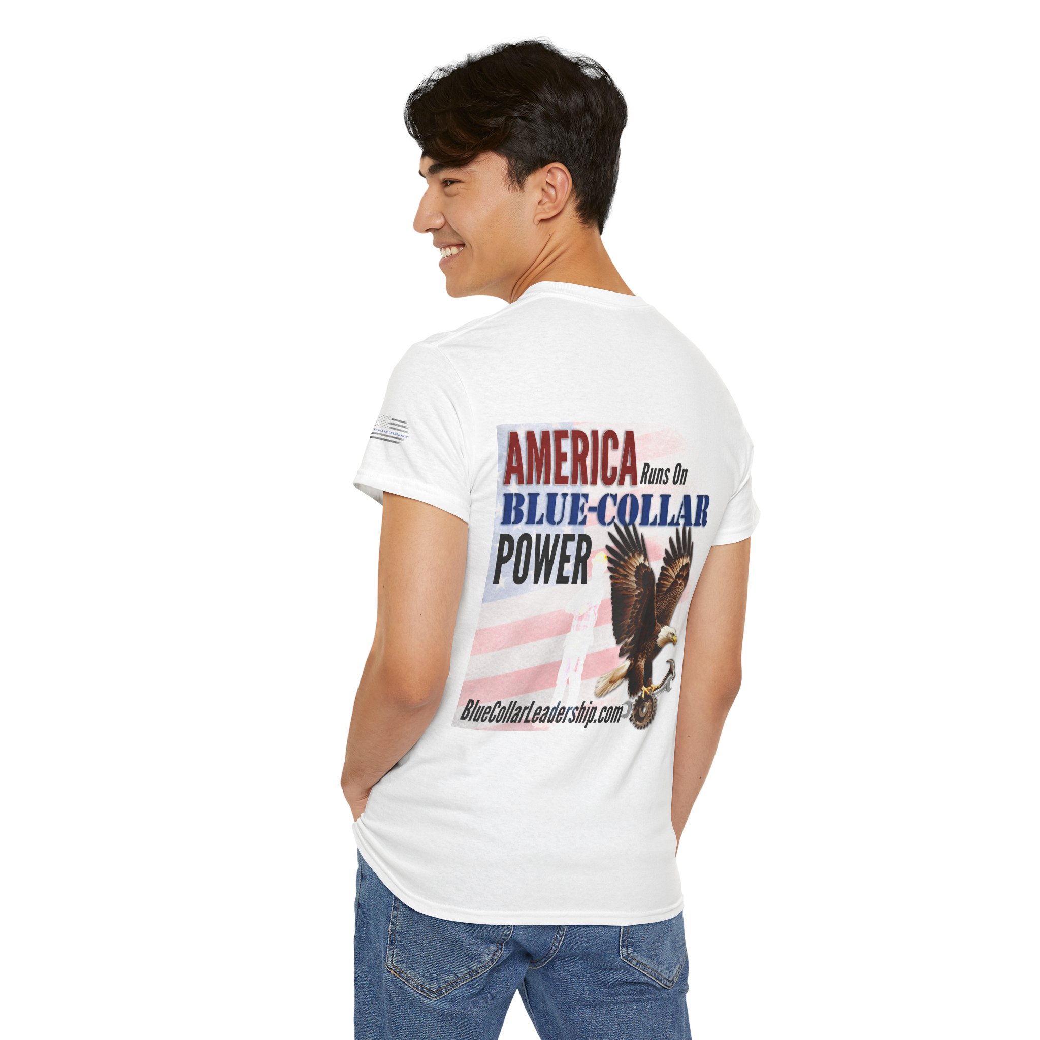 Blue-Collar Power Tee — "America Runs on Blue-Collar Power" Patriotic Eagle T-Shirt
