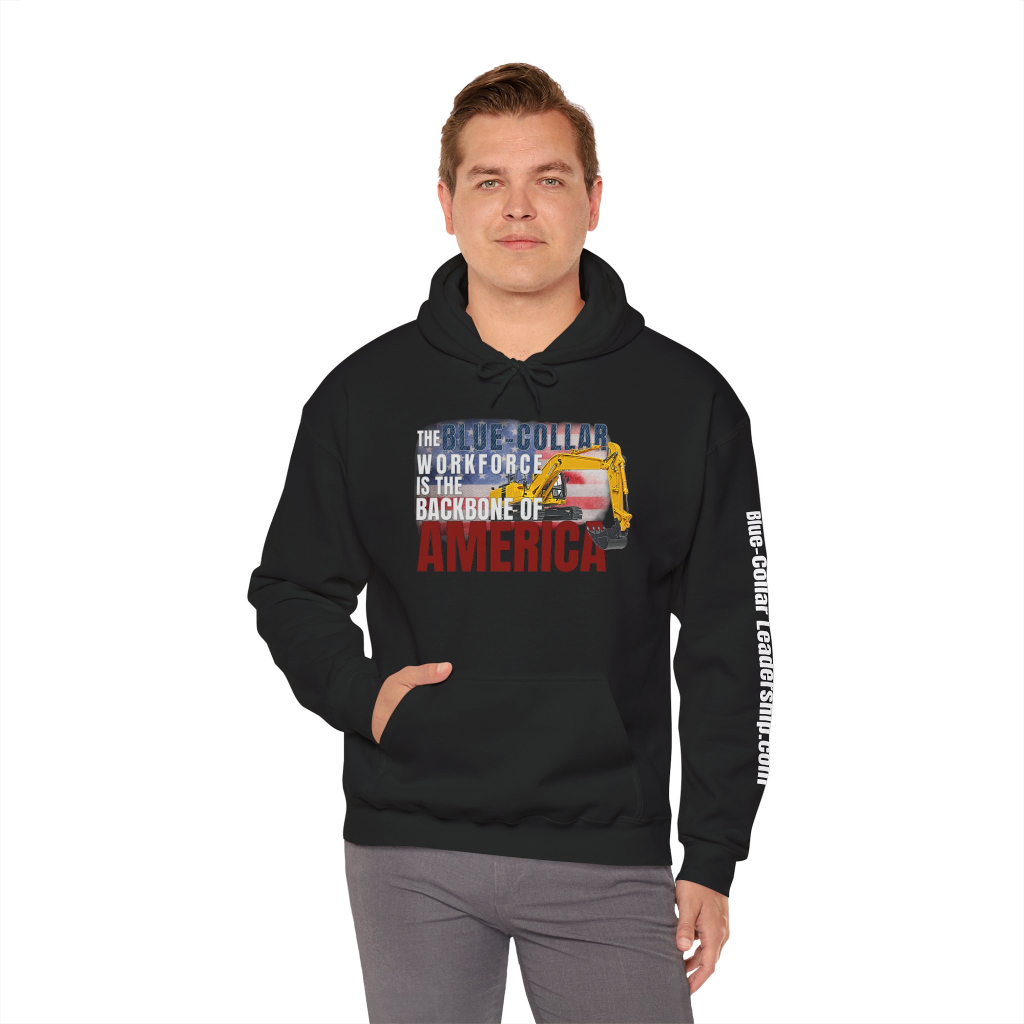 Blue-Collar America Trackhoe Hoodie — Backbone of America Workwear Pullover